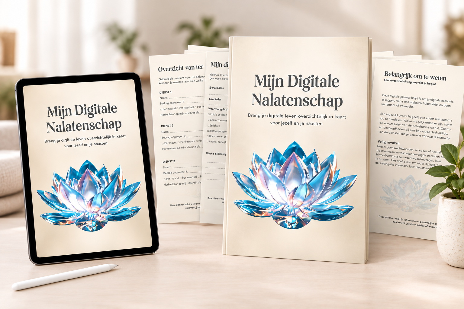 De planner Mijn Digitale Nalatenschap op een tablet naast het boek